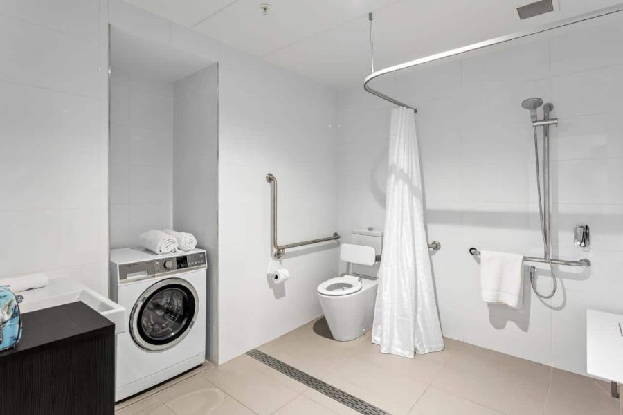 MediStays hotel accessible bathroom with shower for country patients staying near the hospital.