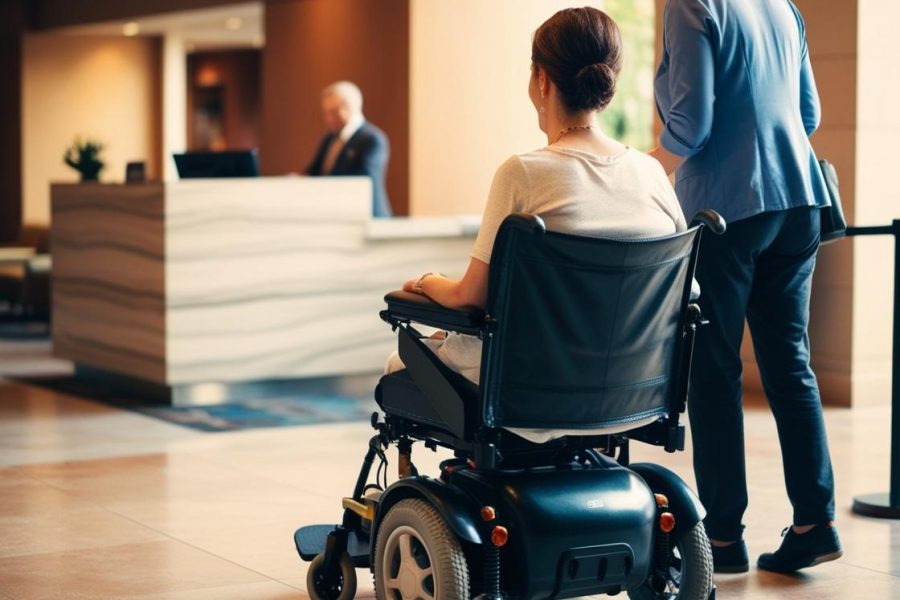 person im their 30's in an electric wheelchair in a hotel lobby from the back check in with a carer