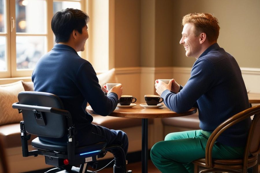 someone in a electric mobility aid 35 years old asian at a cafe with  friend